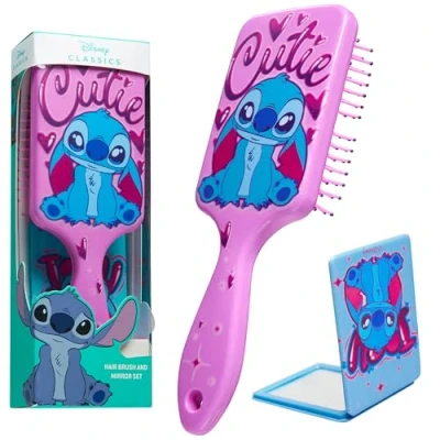 Abbildung von Disney Stitch Paddle Brush Haarbürste, Entwirrungsbürste und Spiegel Bürsten Set Teenager Mädchen Geschenke (Schwarz/Rosa)