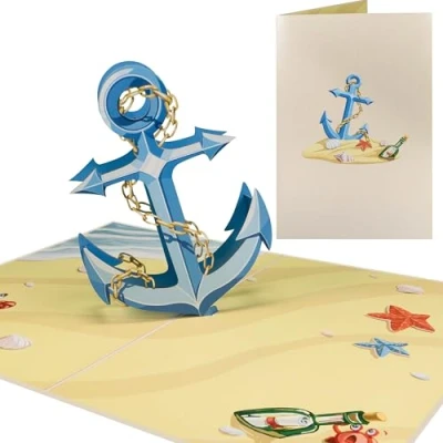 Abbildung von Sweetpopup® 3D Pop Up Karte Schiff Geburtstagskarte Geschenkkarte Geburtstag Maritim Hafen Insel Reise Urlaub Strandurlaub Premium Metallic Papier Glückwunschkarte Anker, 091