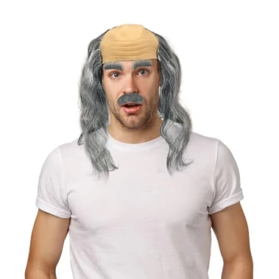 Abbildung von UILYNIU 3 Stück Halbglatze Perücken Set Opa Perücke Schnurrbart Alte Herren Kostüm Professor Glatze Zubehör für Party Karneval Halloween Cosplay (3 Stück)