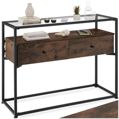 Abbildung von tectake Konsolentisch mit 2 Schubladen &amp; Ablagen, Beistelltisch im Industrie Stil, Flurtisch Glasplatte, 101,5 x 41,5 80,5 cm, Holz, schwarzes Metallgestell (Industrial Dunkelbraun)