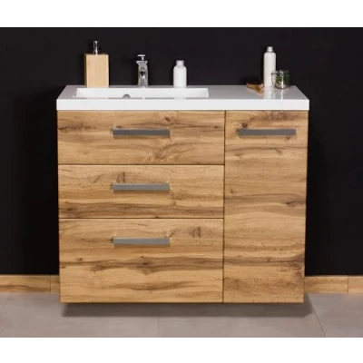 Abbildung von Quentis Badmöbel Genua, Breite 90 cm, Unterschrank mit 3 Schubladen und 1 Türe, Softeinzug, Waschbeckenunterschrank montiert (Eiche Natur)