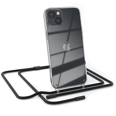Abbildung von EAZY CASE kombinierbare Handyketten kompatibel mit iPhone 14 Plus, Transparente Silikon Hülle rundem Umhängeband, abnehmbar durch abschraubbare Endstücke, Band, Umhängetasche, Schwarz