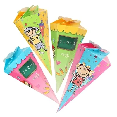 Abbildung von com four® 4X Schultüte 30cm, Geschwisterschultüten aus Pappe, Faltbare Zuckertüte für die Einschulung zum Schulanfang, Geschenkverpackung Schulanfänger (4 Stück Kinder + Schulsachen)