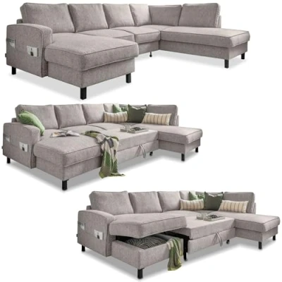 Abbildung von MIUFORM Wohnlandschaft U Form, Ecksofa mit Schlaffunktion und Bettkasten Sofa Form Schlaffunktion, Big XXL Couch (Salz Pfeffer, Rechts)