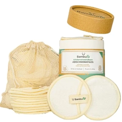 Abbildung von Bambuna Abschminkschwamm Wiederverwendbare Wattepads mit Bambusbox und Waschbeutel, Abschminkpads waschbar nachhaltige Abschminktücher Make Up Entferner Pads weiche Reinigungspads, 15 tlg., Spar Set, Made in Germany