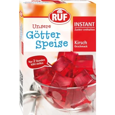 Abbildung von RUF Instant Götterspeise Kirsch Geschmack, Götterspeisenpulver für roten Wackelpudding, schnelle Zubereitung, nur Wasser hinzufügen, 1er Pack, 1 x 100g