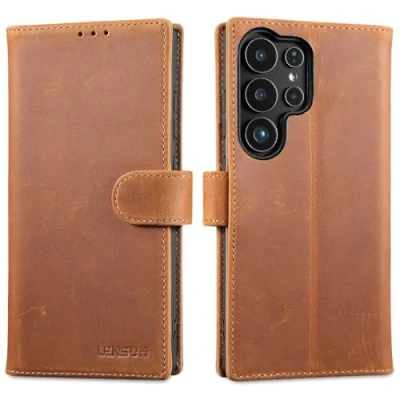 Abbildung von LENSUN Echtleder Hülle für Samsung Galaxy S25 Ultra, Handyhülle [Echtes Leder][RFID Schutz] Lederhülle Handytasche Klappbar Ultra 5G Vintage Braun