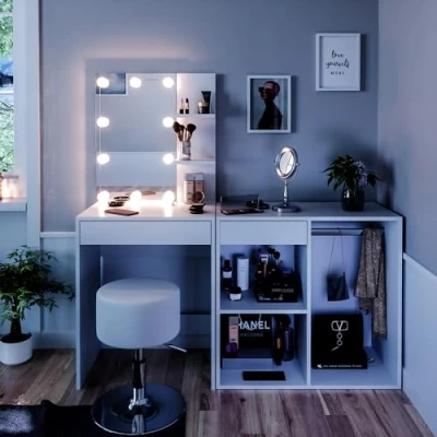 Abbildung von Vicco Schminktisch Isabelle, Weiß, 140 cm mit LED, Hocker und Schrank