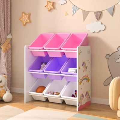 Abbildung von en.casa Kinderregal, »Muxía« Spielregal 9 Boxen mit Einhorn Motiv Weiß/Lila/Rosa