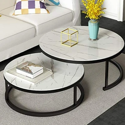 Abbildung von Satz Von 2 Stapelbaren Couchtischen Für Wohnzimmer, Runde Elegante Nest Beistelltische, Stapelbare Beistelltische Aus Marmor Textur &amp; Metall