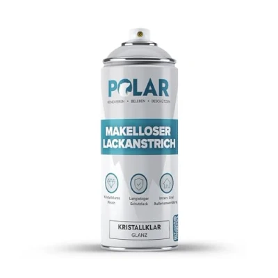 Abbildung von Polar Makelloser Klarlackspray Glanzend 400ml Mehrzwecklack, unterschiedliche Materialien schnell trocknend, haltbar und vergilbungsfrei fur Kunststoff, Holz Metall drinnen/draußen