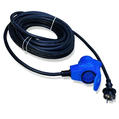 Abbildung von CEE Adapterkabel Winkel Kupplung mit Steckdose auf Schutzkontakt Stecker 10m Kabel IP44 230V / 16A 3 polig für Camping, Adapterleitung Boot, Camper, Wohnwagen, Wohnmobil, Winkelbuchse blau