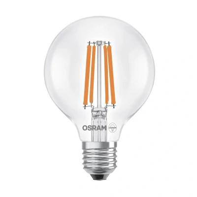 Abbildung von OSRAM LED Lampe in klassischer Globeform, mit dekorativem Filament, Energieeffizienzklasse A, E27, 5 W, 1055 lm, 4000 K, kaltweiß. Ohne Aufwärmen, sofort 100% Licht. Geringes Flackern.