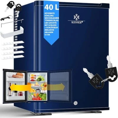 Abbildung von KESSER® Minikühlschrank, Minibar 40Liter Nutzinhalt Leise 22db, Schlafzimmer Wechselbarer Türanschlag, ca. 6 12C Höhe 57cm, Innenbeleuchtung Tisch Kühlschrank Inkl. Glasöffner und Schloss, Navyblau