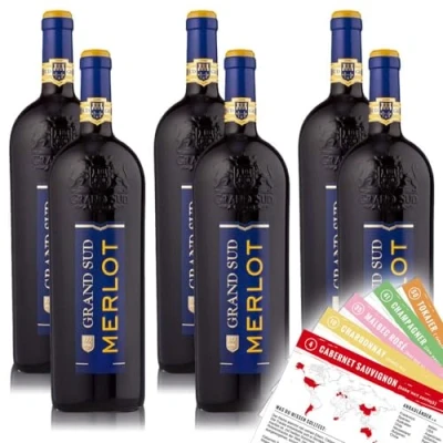 Abbildung von Grand Sud Merlot, trocken, sortenreines Weinpaket + VINOX Winecards (6x1,0l)