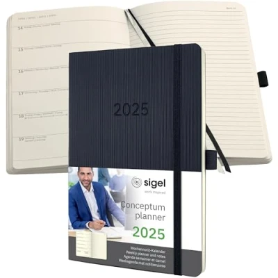 Abbildung von SIGEL C2522 Terminplaner Wochenkalender 2025, ca. A5, schwarz, Softcover, 192 Seiten, Gummiband, Stiftschlaufe, Archivtasche, aus nachhaltigem Papier, Conceptum