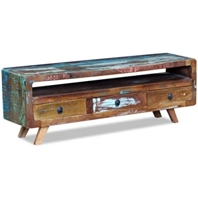 Abbildung von Festnight Retro Stil TV Schrank Fernsehschrank aus Recyceltes Massivholz Fernsehtisch Sideboard Lowboard mit 3 Schubladen 120x30x40cm