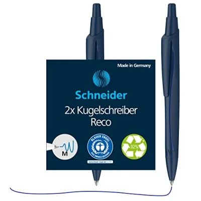Abbildung von Schneider 73183 Reco Kugelschreiber (Aus recyceltem Kunststoff, ausgezeichnet mit Der blaue Engel, Schreibfarbe: Blau) blau, 2 Stück