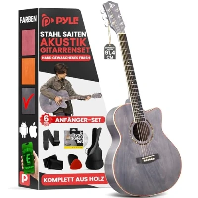 Abbildung von Pyle Akustik Gitarre Acoustic Guitar with Strings, Lernen für Anfänger Erwachsene &amp; Kinder Größe 3/4, Westerngitarre mit Gitarren Tuner Tasche, Set Cutaway, Schwarz