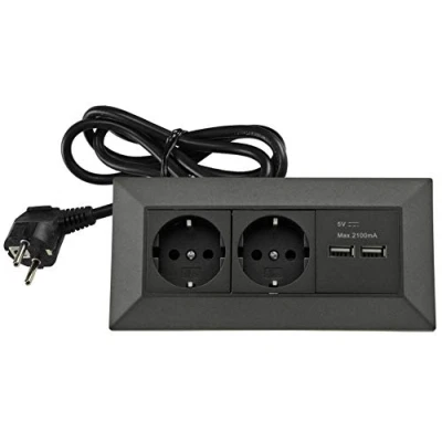 Abbildung von ChiliTec Steckdosenblock Ecksteckdose 2 Fach mit USB A 1,5m Kabel Vormontiert 230V Wand Aufbau &amp; Eck Montage für Arbeitsplatte Küche Werkstatt Anthrazit