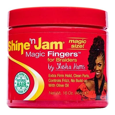 Abbildung von Ampro Shine n Jam Magic Fingers Gel für Zöpfe, bietet festen Halt mit nicht fettendem Glanz, stärkt das Haar Seidenproteinen, funktioniert bei jeder Haarstruktur und ermöglicht die Erstellung zah