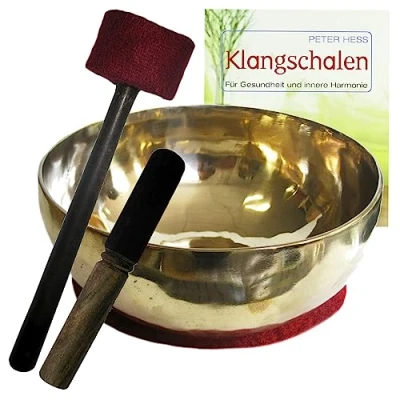 Abbildung von Sangha Gold Therapie Klangschale 900 1000g Handarbeit Nepal + Peter Hess BUCH 5 tlg Klangmassage Set Klöppel &amp; Zubehör. 70061