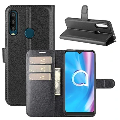 Abbildung von Fertuo Hülle für Alcatel 1SE 2020, Handyhülle Leder Flip Case Tasche mit Standfunktion, Kartenfach, Magnetschnalle, Silikon Bumper Schutzhülle Cover Schwarz