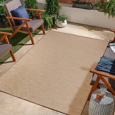 Abbildung von Jimri In &amp; Outdoor Teppich Wetterfester für Balkon, Terrasse, Garten, Wohnzimmer, Küche Strapazierfähiger Bodenteppich, Widersteht UV Strahlen Wasser Größe 120 x 160 cm, Beige