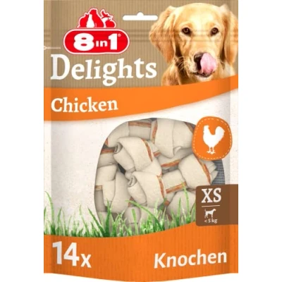 Abbildung von 8in1 Delights Chicken Knochen XS gesunde Kauknochen für mini Hunde, hochwertiges Hähnchenfleisch eingewickelt in Rinderhaut, 14 Stück
