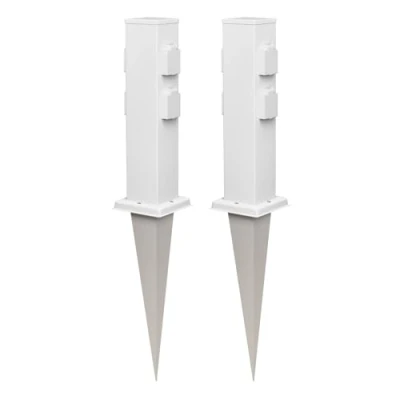 Abbildung von ledscom.de 2 Stück Garten Steckdosen Säule Polly mit Erdspieß für außen, IP44, 4 Fach, Edelstahl, eckig, weiß, 40cm