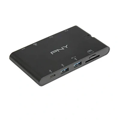 Abbildung von PNY All In One USB C Mini Docking Station mit integriertem Kabel 2xUSB C, A 3.1, 1xHDMI, 1xVGA, 1xRJ45, 1x SD und microSD Anschlüssen, Schwarz, 2UF 2TC K01 RB