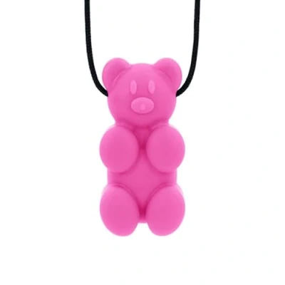 Abbildung von ARK Kauhalskette Bär sichere Kauhilfe im Gummibär Design, schadstofffrei, in 3 Härtegraden, sensorische Unterstützung für Kinder und Erwachsene, verstellbare Kordel (mittel, pink)