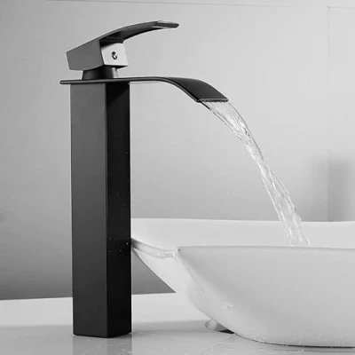 Abbildung von CECIPA Hoch Wasserfall Wasserhahn Bad Schwarz Waschtischarmatur Edelstahl mit Auslauf Höhe 185mm Waschbecken Armatur Mischbatterie Warmes und kaltes Wasser inkl. Zubehör