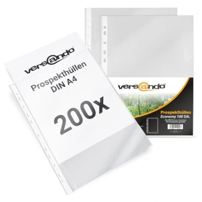 Abbildung von versando 200x A4 Prospekthüllen Economy mit Heftrand Klarsichthüllen genarbt transparent 45my (2x100 Stück)