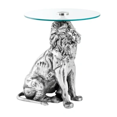 Abbildung von riess ambiente Beistelltisch WILDLIFE LION 60cm silber antik / transparent · Couchtisch aus Metall (Einzelartikel, 1 St), Wohnzimmertisch mit Glas Tischplatte rund handmade Löwen Statue