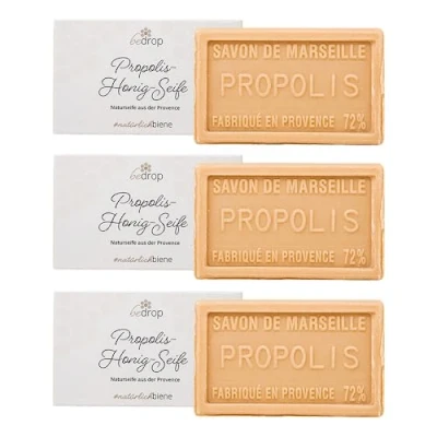 Abbildung von bedrop Propolis Seife, Naturseife, Akne Seife unreine Haut Schuppenflechte Neurodermitis, feste Handseife Körperseife mit Honig, Sheabutter, Kokosöl, Olivenöl, 3x 100g