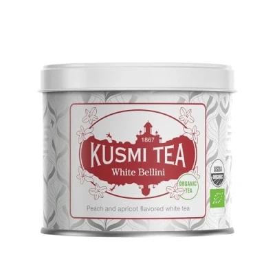 Abbildung von Kusmi Tea White Bellini Bio Mischung aus Weißem Tee, Pfirsich und Aprikose Aromatisierter weißer Tee Heiß oder als Eistee genießen Loser 90 g Metalldose Menge für etwa 50 Tassen