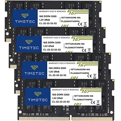 Abbildung von Timetec 64GB KIT (4x16GB) DDR4 3200MHz (DDR4 3200) PC4 25600 Non ECC ungepuffert 1,2V CL22 2Rx8 Dual Rank 260 Pin SODIMM für AMD und Intel Gaming Laptop Notebook PC Computer Memory RAM