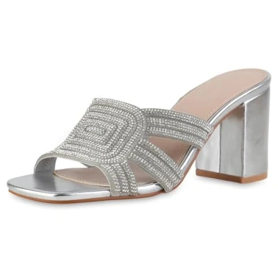 Abbildung von VAN HILL Damen Pantoletten Blockabsatz Strass Klassisch Schuhe 216741 Silber 36