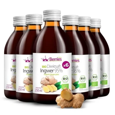 Abbildung von BIO Ingwersaft 6er Pack (6x250ml) purer Ingwer Direktsaft Kaltgepresst Muttersaft ohne Farbstoffe, Zucker, GMO, Konservierungsstoffe Vegan, Vegetarisch BerriesPolska®