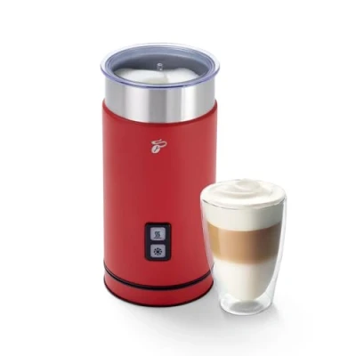 Abbildung von Tchibo elektrischer Milchaufschäumer, 130ml Fassungsvermögen, aus rostfreiem Edelstahl, Antihaftbeschichtung, warmer und kalter Milchschaum, für Latte Macchiato, Cappuccino Kakao (Rot)