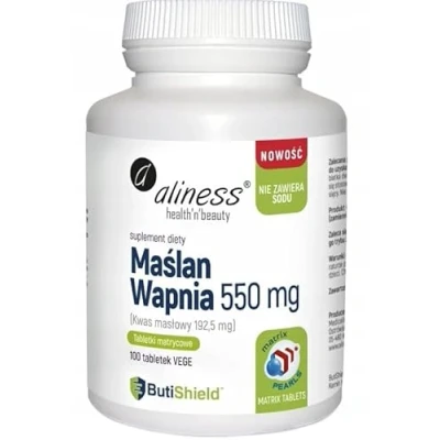 Abbildung von Aliness Kalziumbutyrat 550 mg pro Kapsel Buttersäure Natriumfrei Glutenfrei Laktosefrei Vegan 100 Tabletten