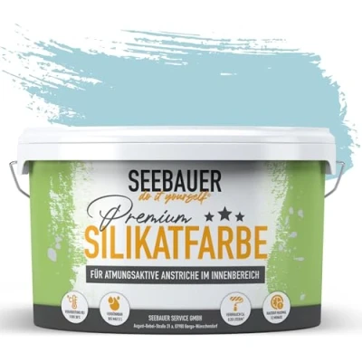 Abbildung von SEEBAUER diy Silikatfarbe Blau 5L für Innen (No. 821 Arctic Blue) Atmungsaktive Mineralfarbe Allergiker Abwaschbare Wandfarbe Blautöne hohe Deckkraft