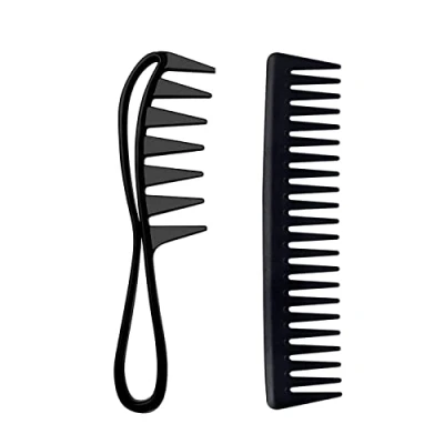 Abbildung von Yoezuo Breite Zahnkämme, 2 PCS Lockenkamm Grobzinkiger Kamm, Breiter Zahnkamm Kit, Hitzebeständiger Antistatischer Grob Haarkamm Styling Kamm für Frauen Männer Haarstyling Salon (Schwarz)