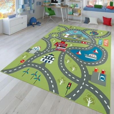 Abbildung von TT Home Kinderzimmerteppich Teppich Junge Mädchen Kinderteppich Baby rutschfest Straße, Farbe:Grün, Größe:160x220 cm