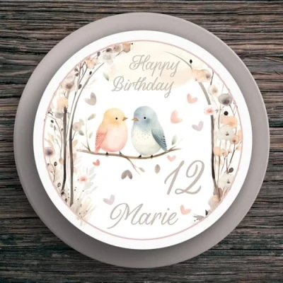 Abbildung von Tortenaufleger Geburtstag Vögel #2 Personalisiert Name &amp; Zahl (20cm) Fondant Papier