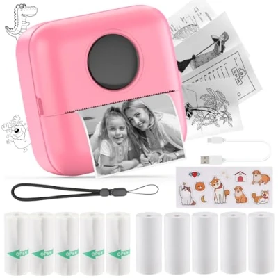 Abbildung von HuiJuKeJi Mini Drucker, Taschendrucker, Fotodrucker für Smartphone, Sticker Thermo Journal, Reisen Logo, Notizen, Liste, Memo (Rose)