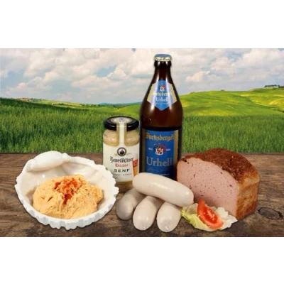 Abbildung von Landmetzger Schiessl&#039;s » Bayerische Brotzeit Klassiker « 1700g Hausgemachte Schmankerl Im Set: Leberkäse + Weißwürste &quot;Münchner Art&quot; Käsezubereitung Weissbiersenf Bayerisches Bier