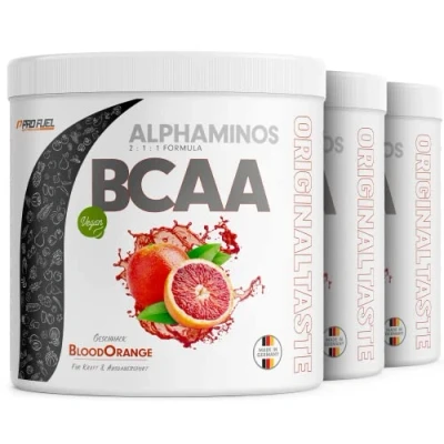 Abbildung von BCAA Pulver 900g BLUTORANGE Alphaminos 2:1:1 Drink mit 8000 mg unfassbar leckerer Geschmack, Essentielle Aminosäuren (EAA) Leucin, Isoleucin &amp; Valin vegan laborgeprüft Zertifikat