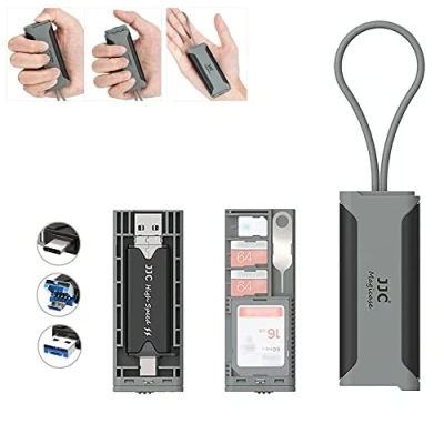 Abbildung von JJC Speicherkarten Hülle mit USB 3.0 Multifunktions Kartenleser, schlank, tragbar, Reisehalter für 1 SD + 2 TF Nano SIM Karte (Grau und Schwarz)